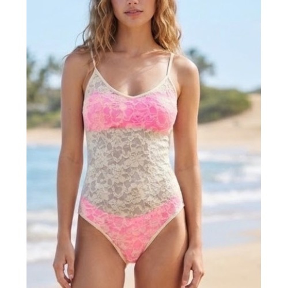 Free People Beach Ready To Go Lace Bodysuit Ivory Cream Crisscross Back Medium
